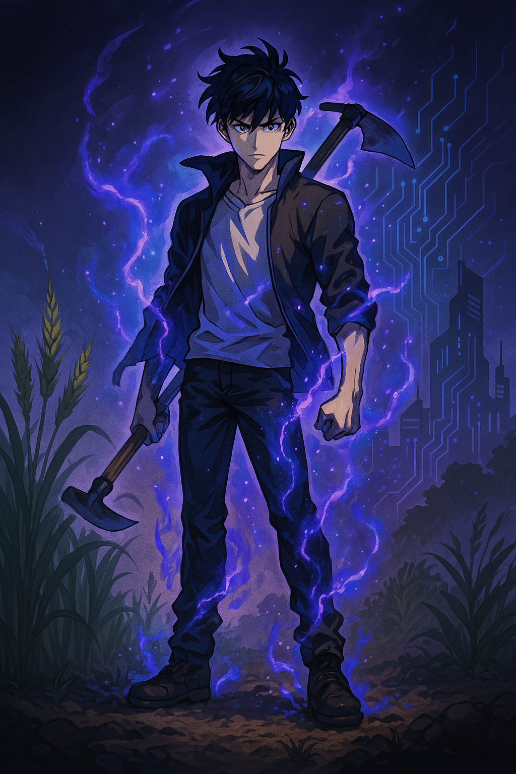 Anime-style character on a digital farming and tech journey